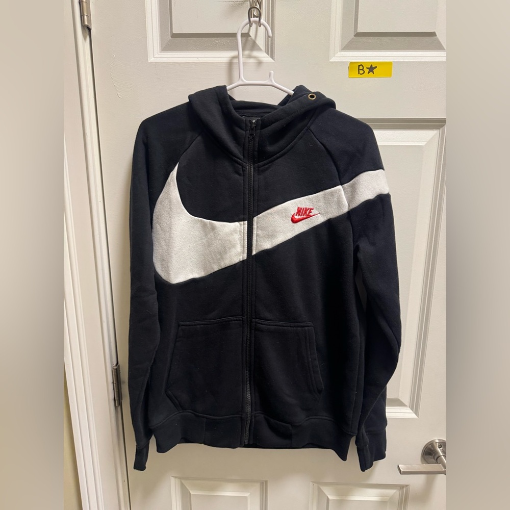 Nike Black and White Hoodie with Red Logo